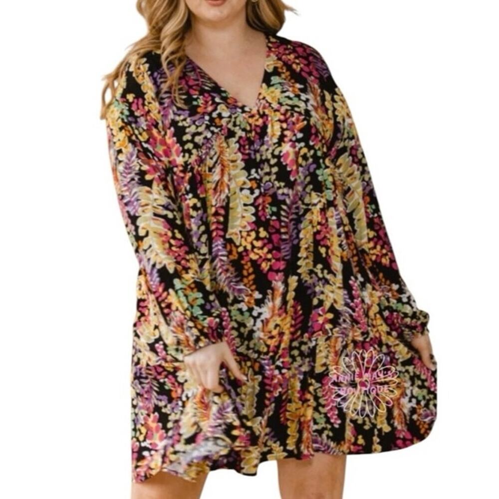 ODDY Floral Boho Babydoll Dress 1XL Black Multicolor Long Sleeve